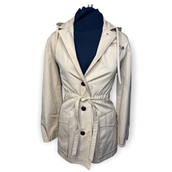 Vintage Etienne Aigner khaki trench coat with cinched waist hoodie and emblem - Picture 1 of 14